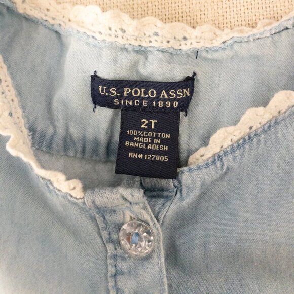 U.S. Polo Assn. Girls 2T Denim & Lace Ruffle Dress Sleeveless Button Front - Picture 3 of 4